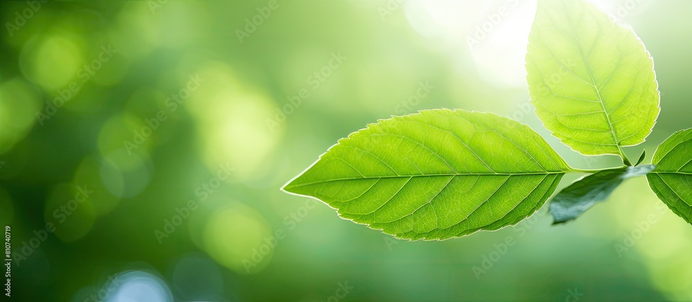 A closeup view of a green leaf in a summertime garden bathed in sunlight with ample empty space around it for additional visuals A closeup view of a green leaf in a summertime garden bathed in sunlight with ample empty space around it for additional visuals