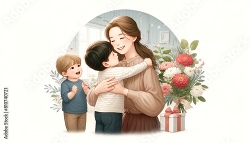 The mother smiling with joy and embracing her two young sons in a loving embrace on floral arrangements background.  photo