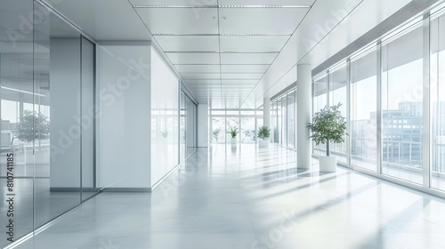 Modern white open space office interior with a mock-up wall for business presentations and collaborative workspaces