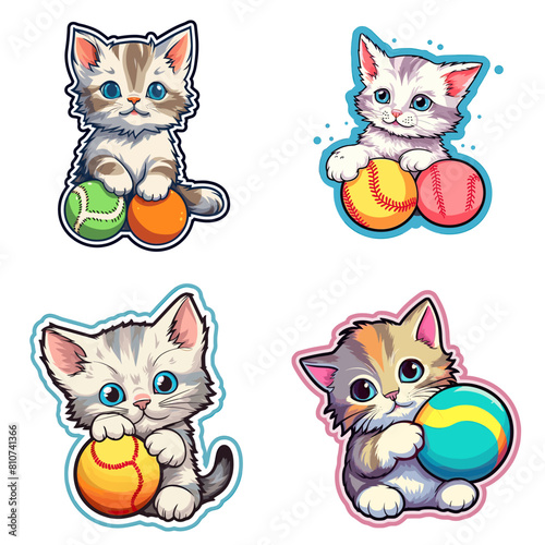 Adorable cartoon kittens playing with colorful balls. Cute vector illustrations perfect for kids’ designs, stickers, pet-themed art, nursery decor, and playful digital projects.

