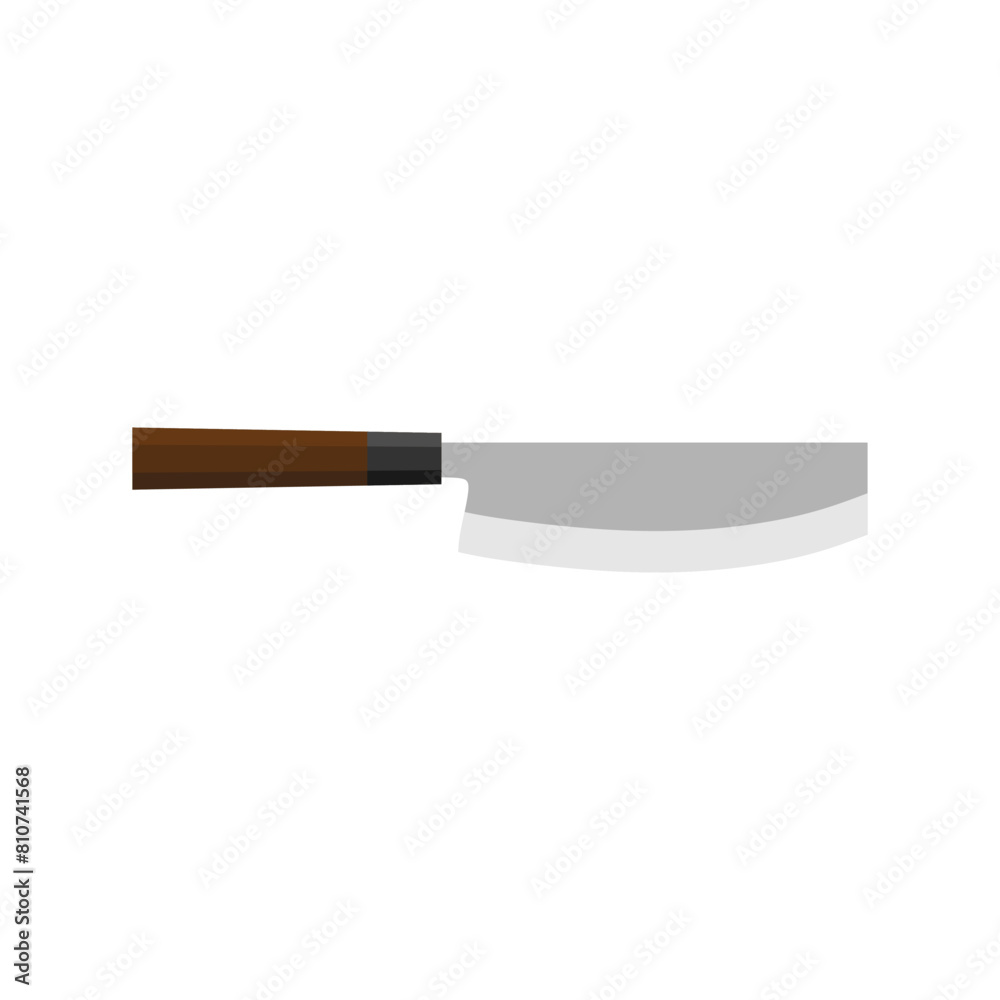 Sushikiri or sushi knife. Japanese kitchen knife flat design vector illustration isolated on white background. A traditional Japanese kitchen knife with a steel blade and wooden handle.
