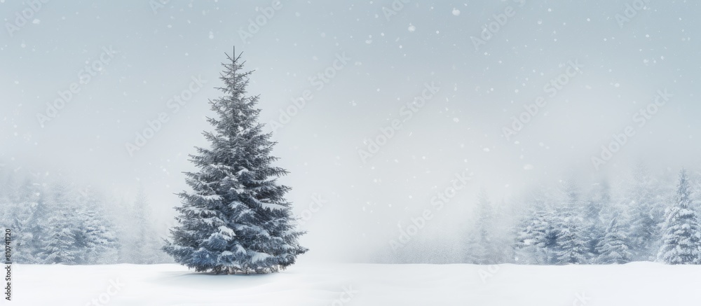 View of a snowy fir tree on a Christmas themed white background offering ample space for your text or message View of a snowy fir tree on a Christmas themed white background offering ample space for your text or message