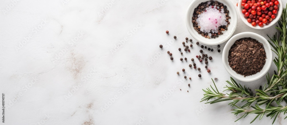 A bowl of salt thyme and peppercorns placed on a white marble table ideal for a flat lay composition The image offers ample space for adding text A bowl of salt thyme and peppercorns placed on a white marble table ideal for a flat lay composition The image offers ample space for adding text