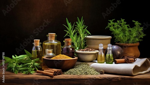 Still life of a variety of herbs and spices on a wooden table.