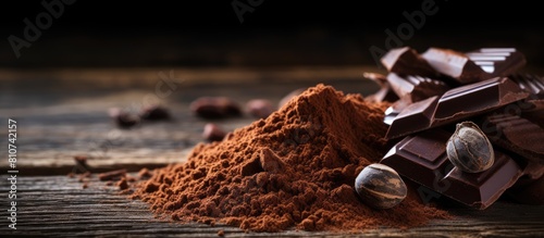Close up image of cocoa powder and dark chocolate arranged on an aged wooden table creating an enticing composition with ample copy space photo