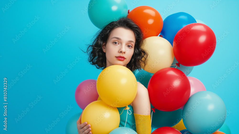 Obraz premium Young girl with medium-length black wavy hair holds a huge bunch of multi-colored balls on a blue background.