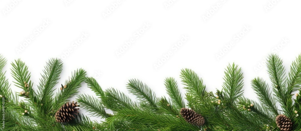 Christmas tree branches act as a border or template for a Christmas card providing a pleasing copy space image against a white background