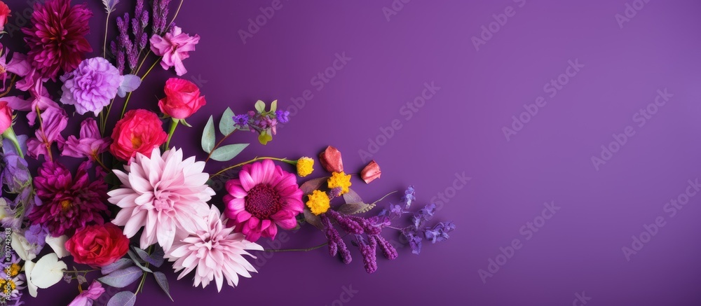 A copy space image of flowers seen from above set against a vibrant purple background