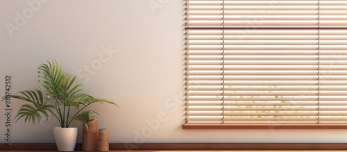 Indoor environment featuring a contemporary window adorned with chic wooden blinds providing ample copy space for text