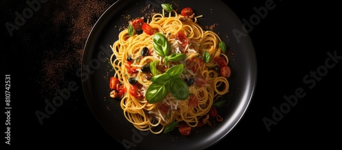 An overhead view of a traditional Italian pasta dish featuring spaghetti served on a black plate The spaghetti is garnished with basil pesto black olives and parmesan cheese The dark background provi photo