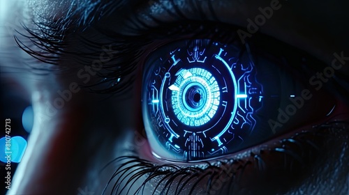 Close-up of the eye is a sci-fi cyborg human with a chip and sensors embedded in the retina and pupil, neon technological elements.