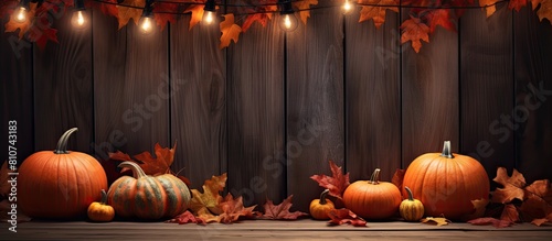 Fall and Halloween themed copy space image featuring pumpkins maple leaves and a wooden backdrop Beware of the spooky atmosphere