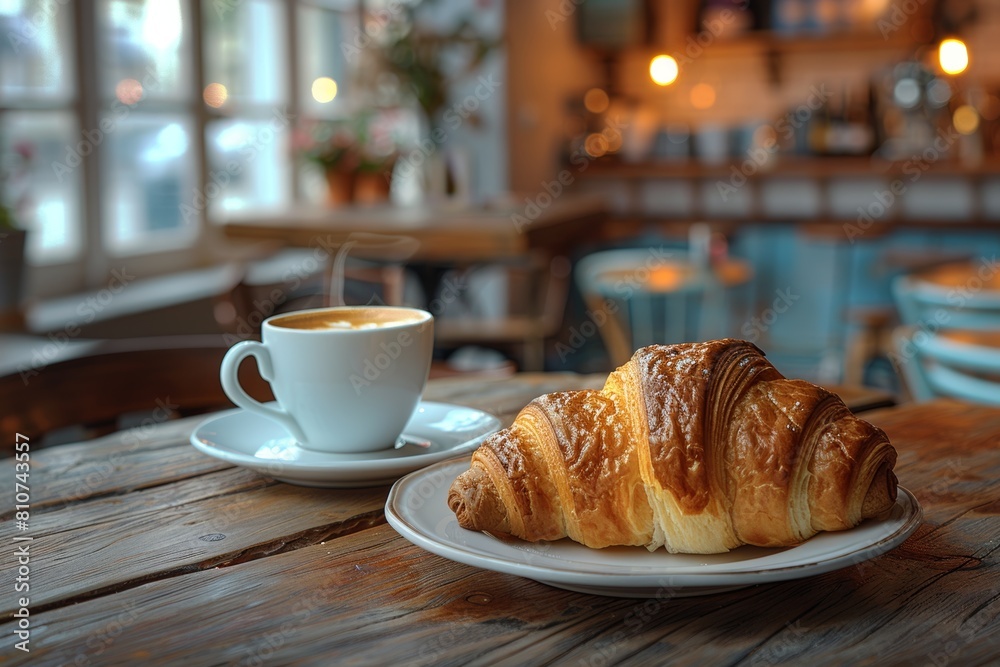 Freshly Baked Croissant with Coffee Cup in Cozy Cafe Setting
Freshly Baked Croissant with Coffee Cup in Cozy Cafe Setting