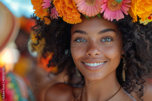 Portrait of a beautiful african american woman in a wreath of flowers photo