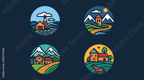 Four of colorful logotypes with rural or countryside photo