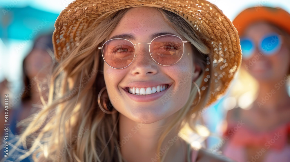Close up of smiling young woman in straw hat and sunglasses over beach background. Summer holidays, vacation, travel and people concept Close up of smiling young woman in straw hat and sunglasses over beach background. Summer holidays, vacation, travel and people concept