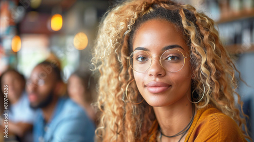 Portrait of young african american woman with eyeglasses in coffee shop