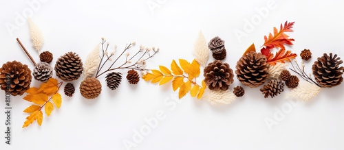 Top view of a white background adorned with a fall themed composition The arrangement includes dried leaves cotton flowers and pine cones providing ample space for any desired content or image