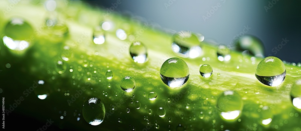 A close up of glistening water droplets adorning a succulent cucumber against a background of fresh vegetables providing ample copy space for your text Perfect for conveying the vegan and vegetarian