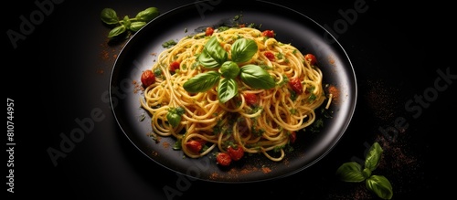 An overhead view of a traditional Italian pasta dish featuring spaghetti served on a black plate The spaghetti is garnished with basil pesto black olives and parmesan cheese The dark background provi