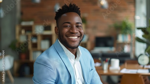 Confident professional: smiling businessman in light blue suit poses in modern office setting photo