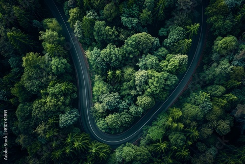 Aerial view of a winding road cutting through a dense forest, showcasing the natural beauty of the wooded landscape © Ilia Nesolenyi