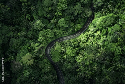 A winding road cuts through a dense green forest, showcasing the natural beauty of the surroundings