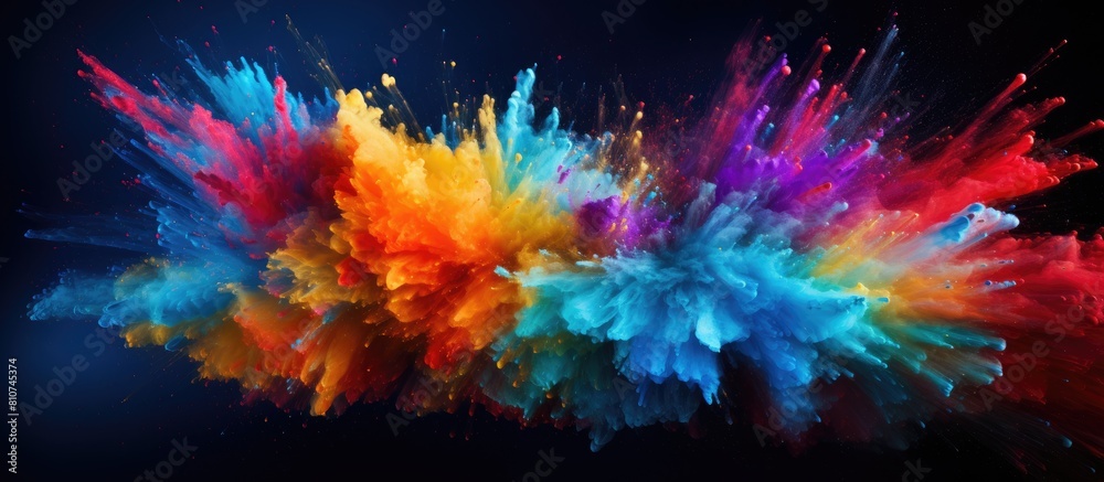 An explosive burst of colorful powder and glitter creates an abstract splattered background featuring a freeze frame image in motion. Creative banner. Copyspace image