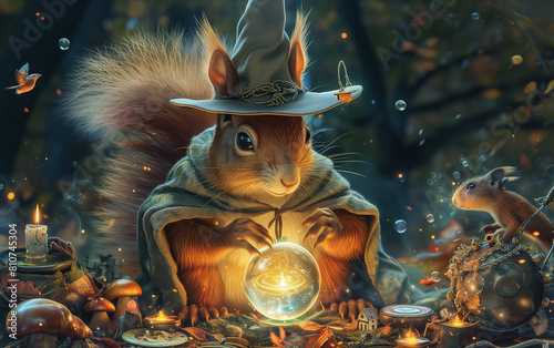 A squirrel wearing a witch's hat is holding a crystal ball