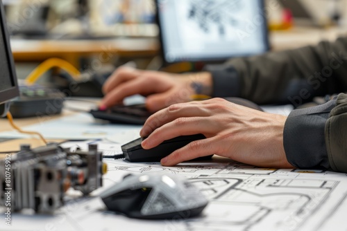 Closeup view of engineers hands manipulating a computer mouse and keyboard while designing a robotic prototype using CAD software