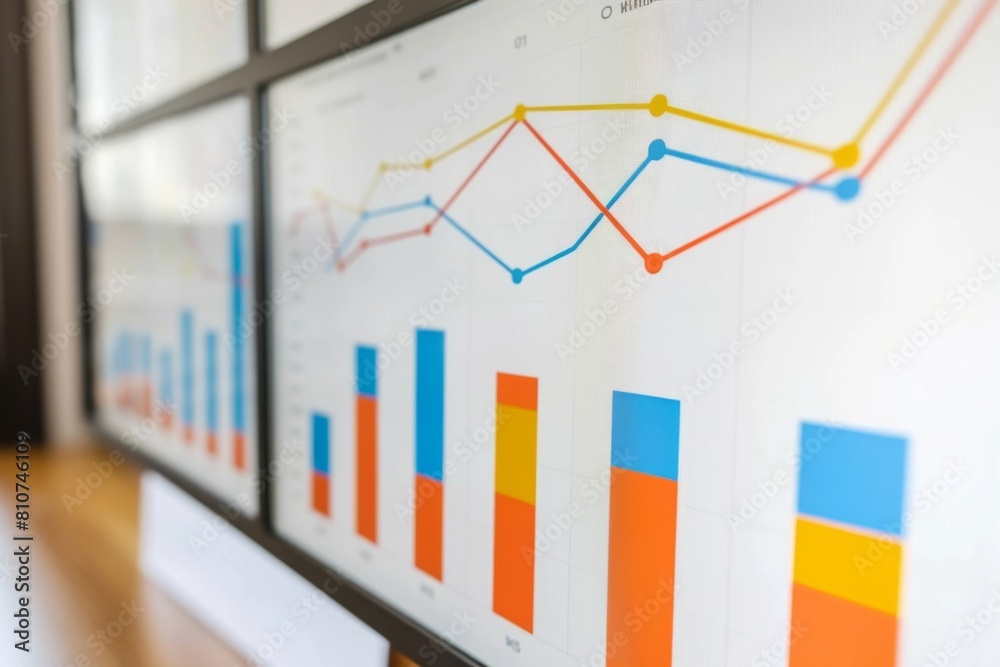 Fototapeta premium Line Graph Displayed on Glass Screen Wall in Modern Office - Data Analysis, Corporate Strategy, Financial Trends