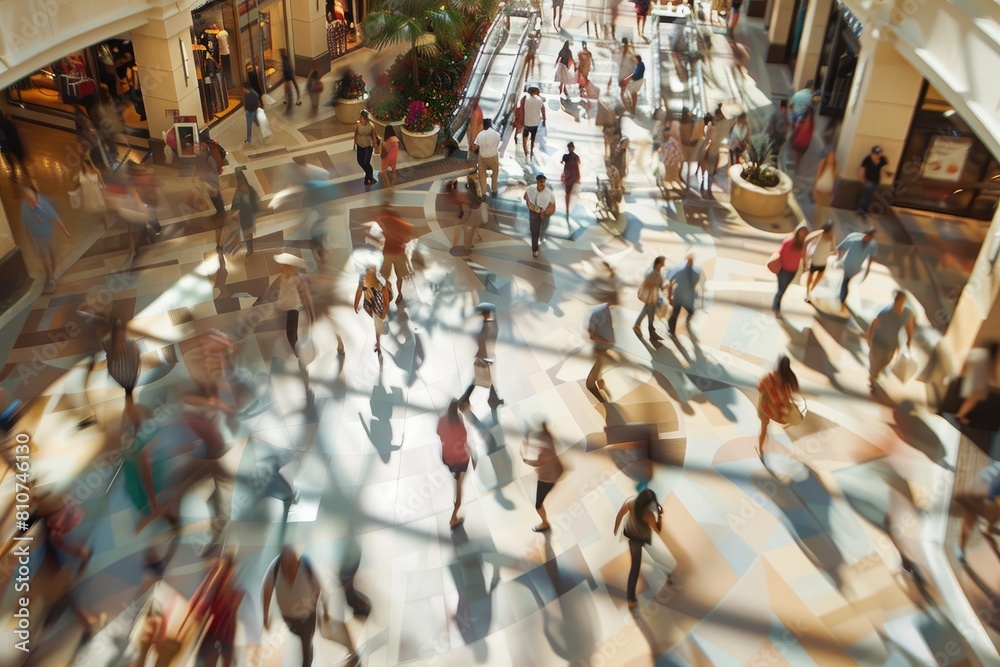 A bustling scene in a mall as a large group of people briskly walk between stores and engage in shopping activities