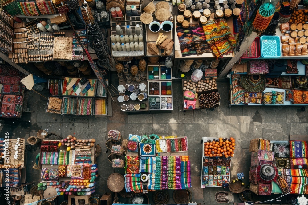 Overhead view of an artisan market with rows of stalls showcasing local handcrafted goods