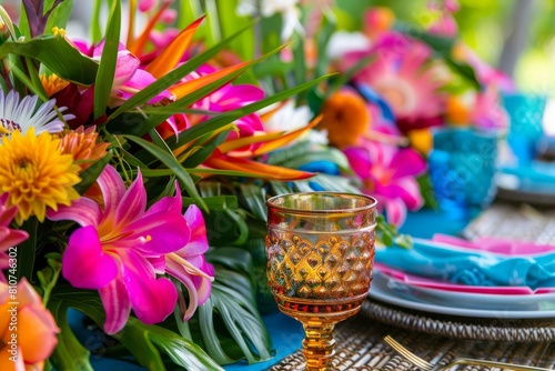 A table adorned with vibrant flowers and neatly arranged place settings, adding a pop of color and elegance