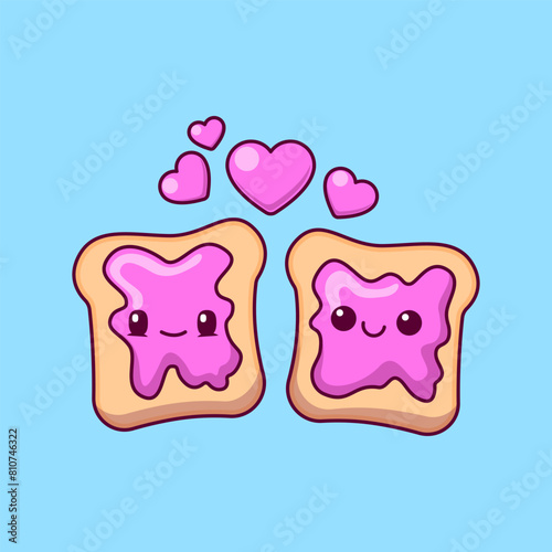 Cute Toast Bread Couple With Heart Love Cartoon Vector Icons Illustration. Flat Cartoon Concept. Suitable for any creative project.