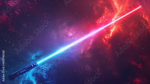 May The 4th Be With You. Vector illustration with glowing swords and stars, Blue, red, green, pink and yellow laser sword light saber set isolated on starry black galaxy background. Generative Ai  photo