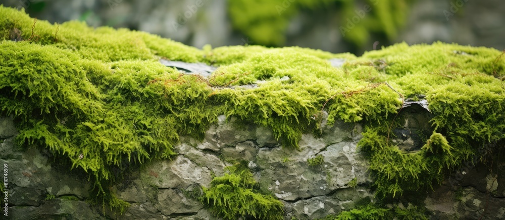 Geological theme background with a close up copy space image of a textured natural rock covered in lush green moss and lichen