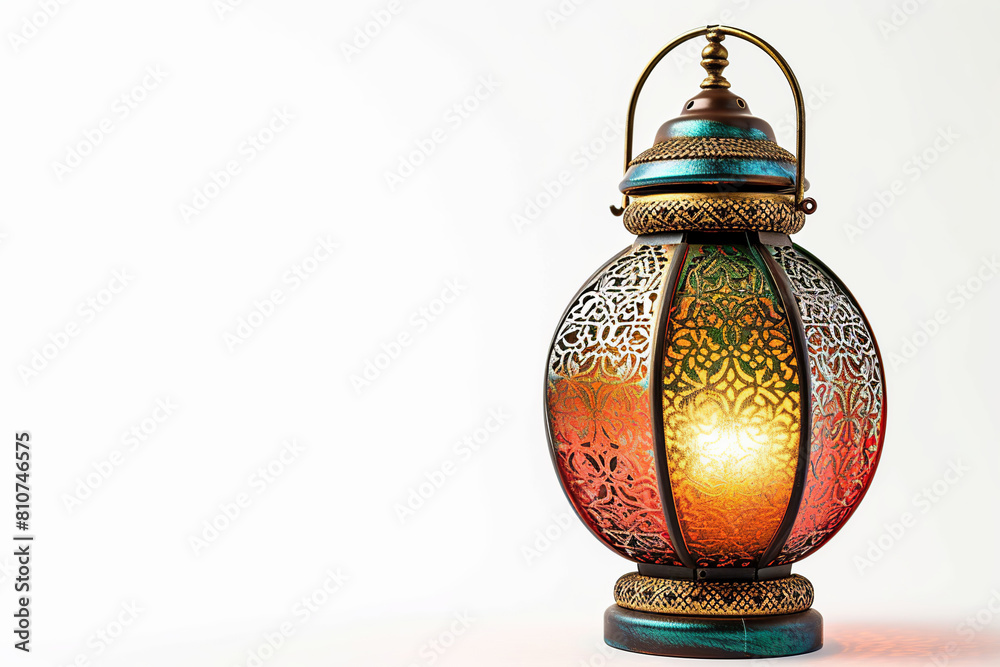 Ornamental Arabic lantern on white background. Golden lamp with pattern