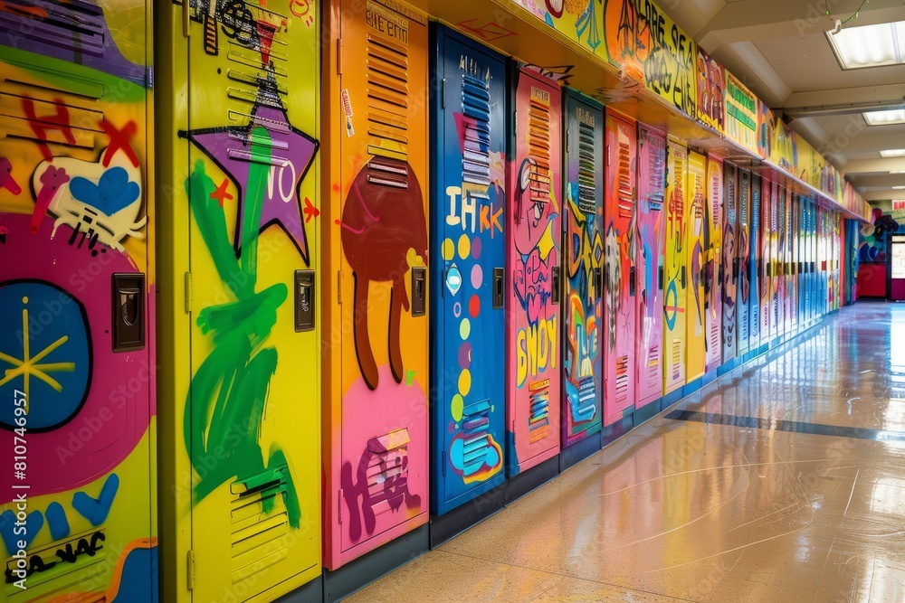 A wide-angle view of a row of brightly colored school lockers in a hallway, adorned with vibrant graffiti designs and tags, adding character to the scene