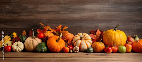 A copy space image of a Thanksgiving pumpkin harvest on a wooden background for traditional Halloween decoration featuring squash orange vegetables autumn fruit apples and nuts on a wooden table