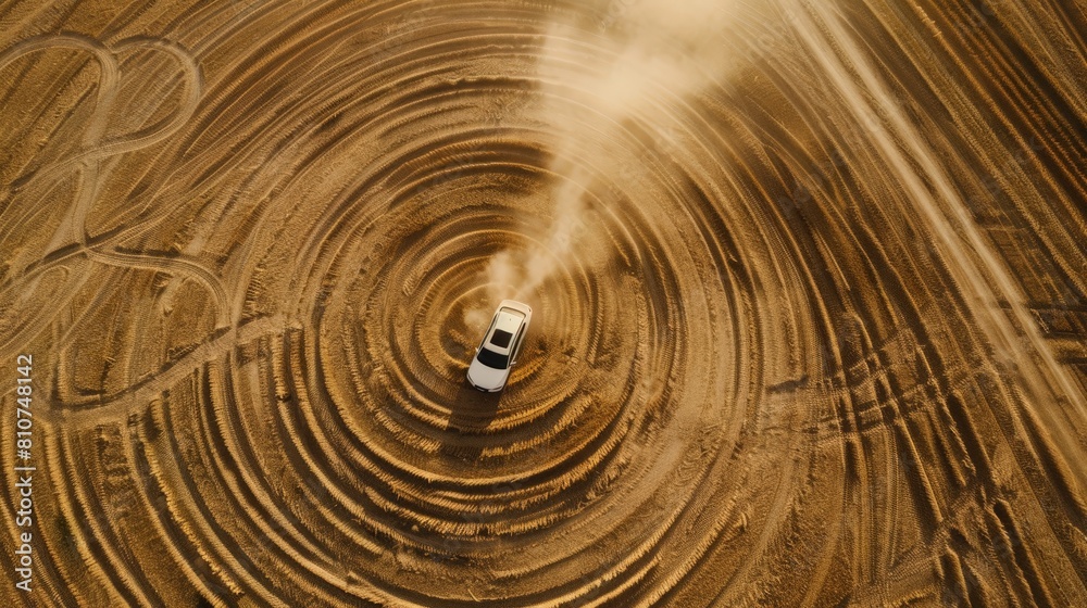 Rural Serenity: A Car Crossing Two Circular Fields from Above Rural Serenity: A Car Crossing Two Circular Fields from Above