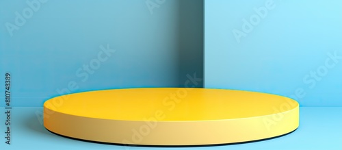 A light blue podium platform sits on a blue and yellow background resembling a blank round geometric shape The image is a top view designed for product display purposes and the background features an