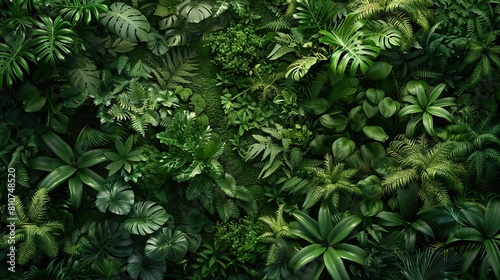 Aerial view of dense forest with lush green trees and exotic plants