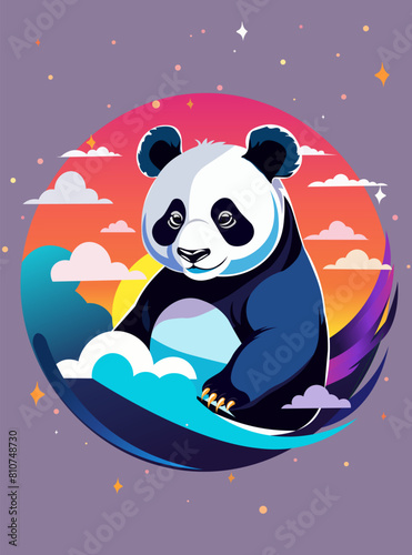 Cute panda and sunset in the purple backgraund