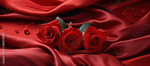 A crimson silk fabric with a textured drape serves as an abstract background along with roses creating a design element for Valentine s Day The red silk adds a touch of elegance to the overall patter