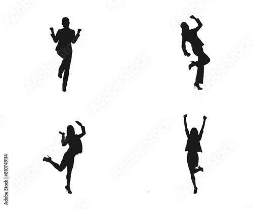 Happy business woman dancing silhouette. Flat vector illustrations. Happy people silhouette set. woman rising Hands up. Dancing persons. Party, success, celebration. isolated on white background.