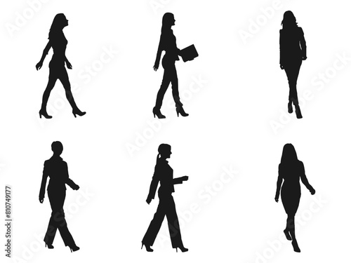 Young Business Woman Walking silhouette. different People Standing and walking. Vector silhouettes of men and a women, a group of standing business people, black color isolated on white background.