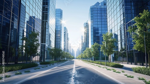 empty street with skyscrapers on both sides. The sky was clear  and the sun was shining brightly.