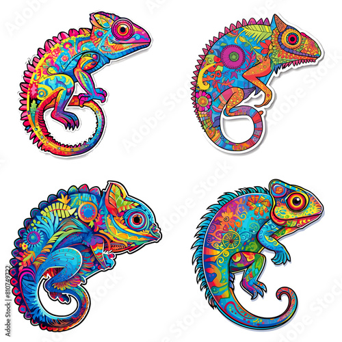 Vibrant and colorful chameleon illustrations with intricate patterns, perfect for creative designs, nature themes, and art projects.

