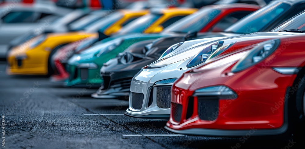 A row of different colors and models of new cars were parked in the parking lot, in a closeup shot. The focus is on one white car in front with its doors open. There was another red model next to it. A row of different colors and models of new cars were parked in the parking lot, in a closeup shot. The focus is on one white car in front with its doors open. There was another red model next to it.